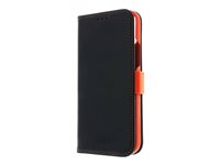 Insmat - Lommebok for mobiltelefon - ekte skinn, papir, polykarbonat, kartong, polyuretanpolstring - svart, oransje - for Apple iPhone 12, 12 Pro 650-2969