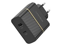 OtterBox Wall Charger - Strømadapter - 30 watt - 3 A - PD 3.0 - 2 utgangskontakter (USB, 24 pin USB-C) - svart glimt - Europa 78-52723