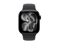 Apple Watch Series 11 (GPS) - 42 mm - jet svart aluminium - smartklokke med sportsbånd - fluorelastomer - svart - båndbredde: M/L - 64 GB - Wi-Fi 4, UWB, Bluetooth - 30.3 g MEQU4QN/A