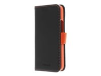 Insmat Exclusive Flip Case - Lommebok for mobiltelefon - ekte skinn, polykarbonat, bomullssting, kartong+papir - svart og oransje - for Apple iPhone 14 650-3101