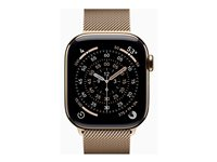 Apple Watch Series 11 (GPS + Cellular) - 42 mm - gull titan - smartklokke med fint strikket løkke - nett av rustfritt stål - gull - håndleddstørrelse: 130-180 mm - 64 GB - Bluetooth, LTE, Wi-Fi 4, UWB - 5G - 34.6 g MF8Y4QN/A