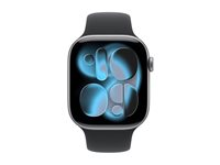 Apple Watch Series 11 (GPS) - 46 mm - space gray aluminum - smartklokke med sportsbånd - fluorelastomer - svart - båndbredde: M/L - 64 GB - Wi-Fi 4, UWB, Bluetooth - 37.8 g MEV44QN/A